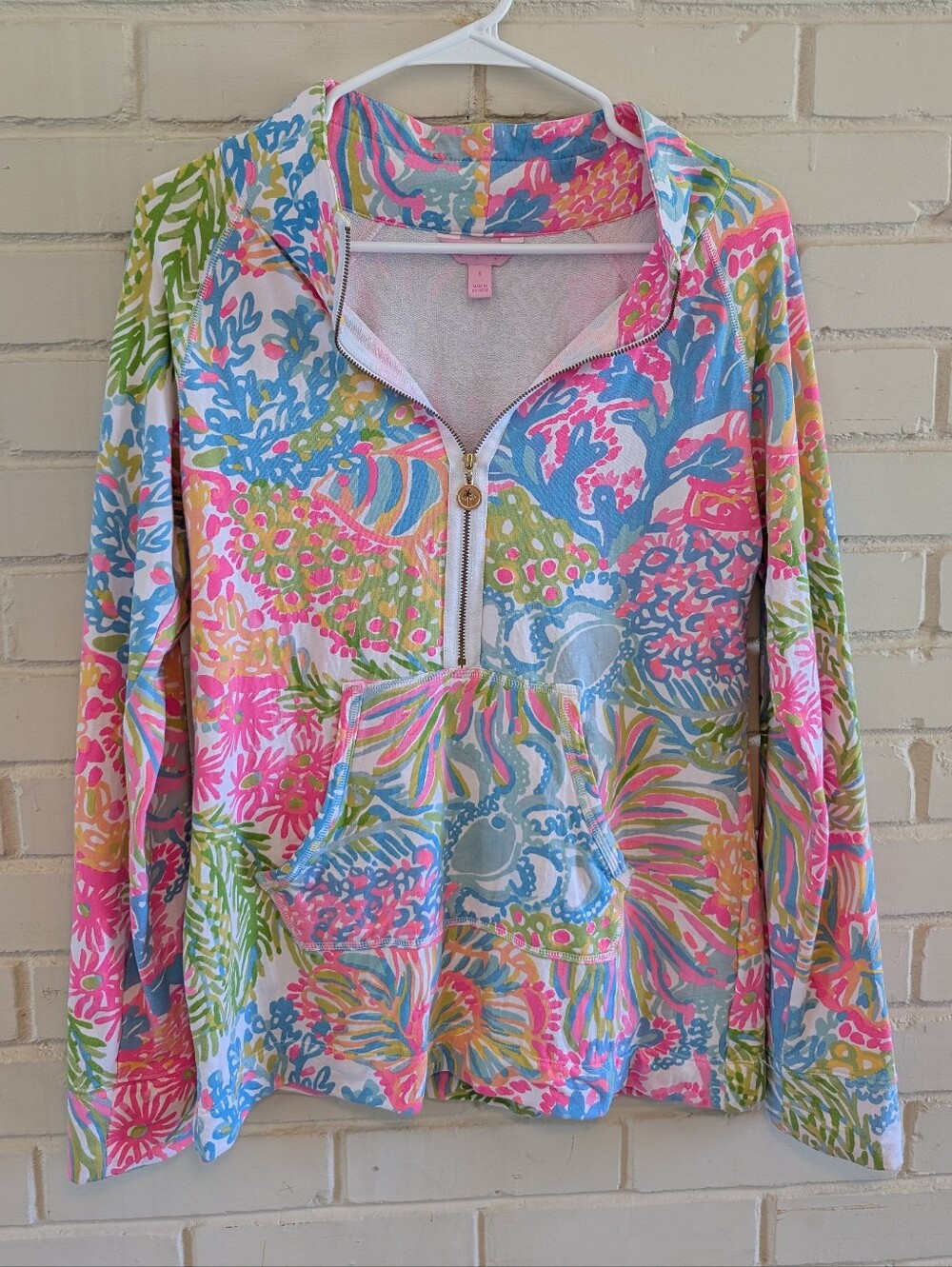 Lilly Pulitzer S Skipper Half Zip Popover Jacket Lover's Coral Ocean Print